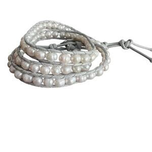Katie Soleil Freshwater White Pearl Gray Cord Wrap Bracelet